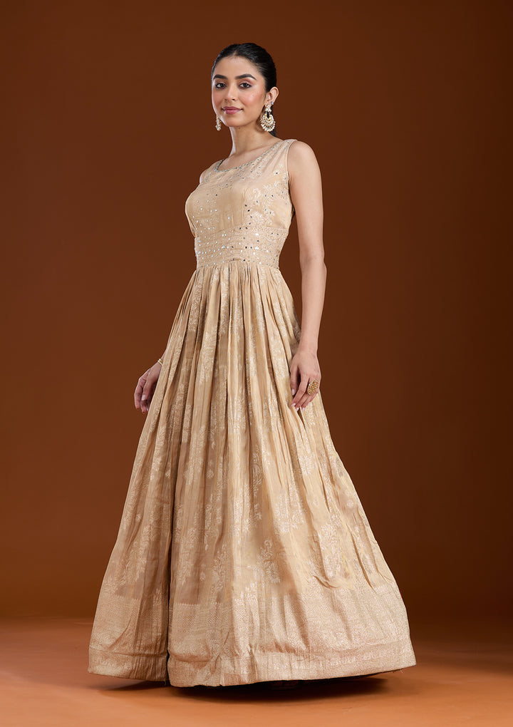 Beige Mirrorwork Tissue Readymade Salwar Suit