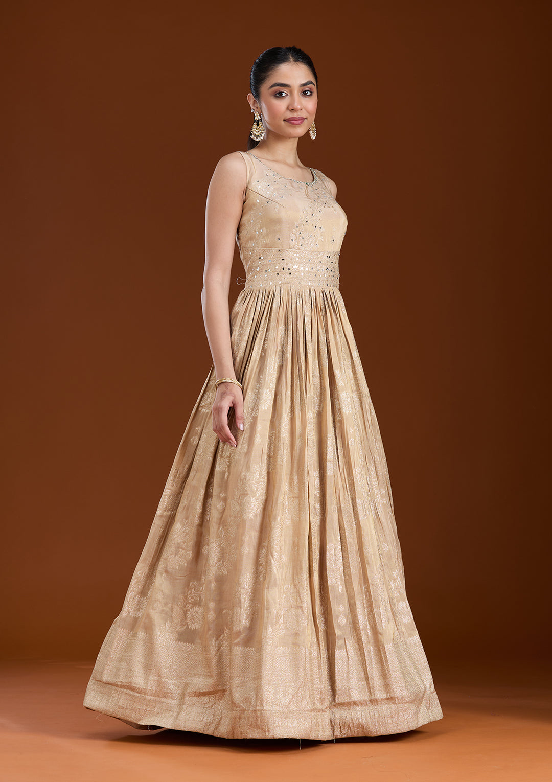 Beige Mirrorwork Tissue Readymade Salwar Suit