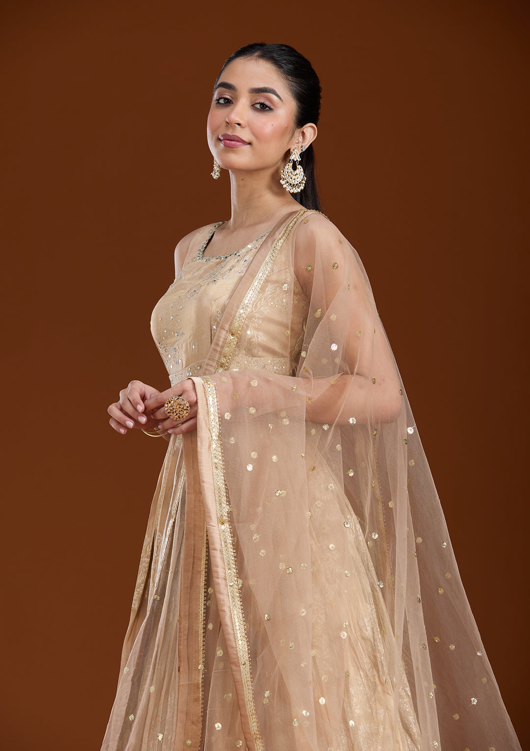 Beige Mirrorwork Tissue Readymade Salwar Suit