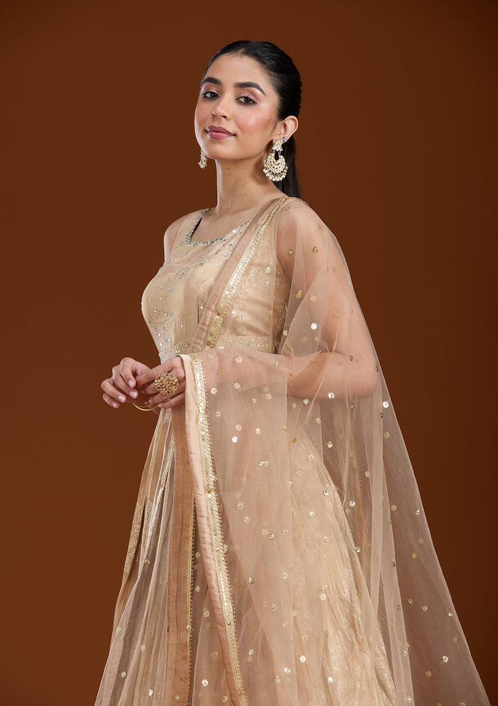 Beige Mirrorwork Tissue Readymade Salwar Suit