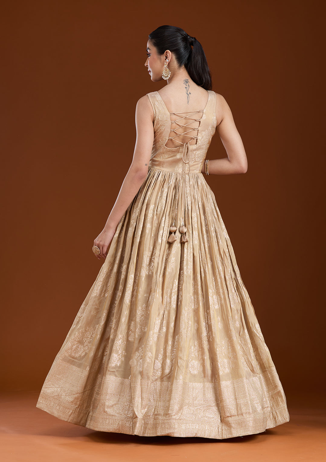 Beige Mirrorwork Tissue Readymade Salwar Suit