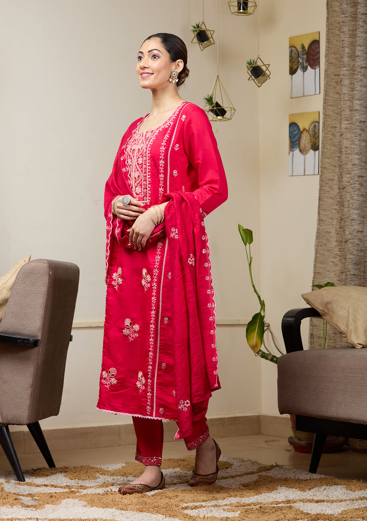 Rani Pink Chanderi Cutdana Straight Kurta With Regular Pant And Dupatta