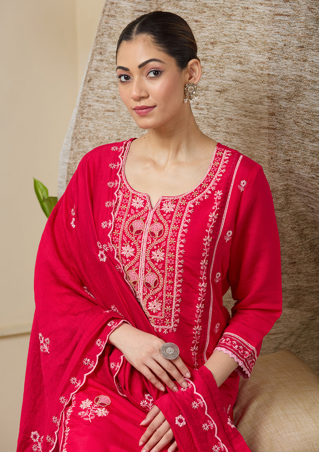 Rani Pink Chanderi Cutdana Straight Kurta With Regular Pant And Dupatta