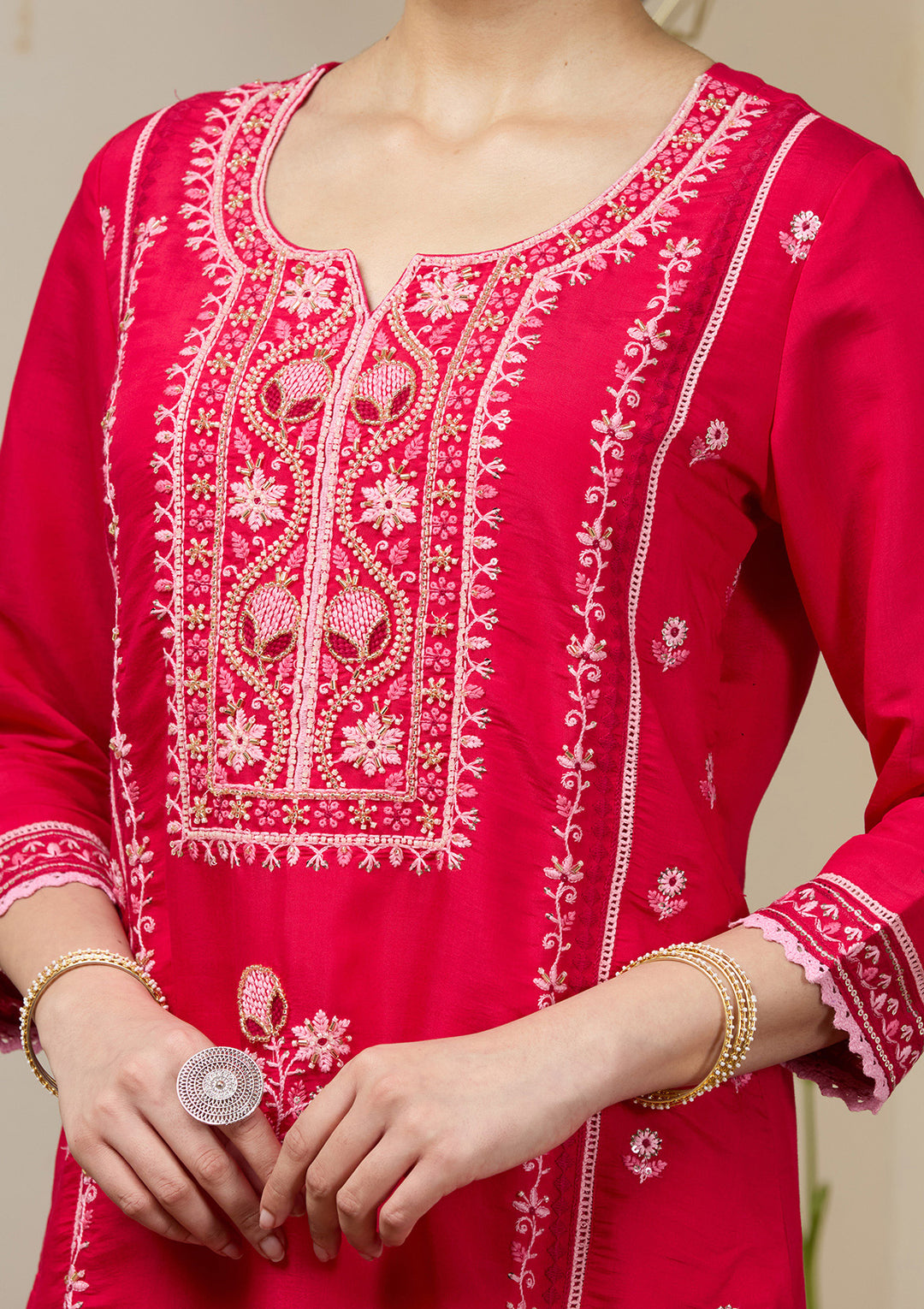 Rani Pink Chanderi Cutdana Straight Kurta With Regular Pant And Dupatta