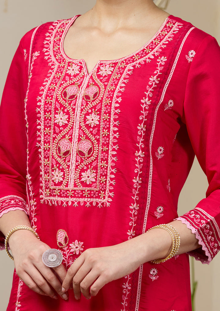 Rani Pink Chanderi Cutdana Straight Kurta With Regular Pant And Dupatta