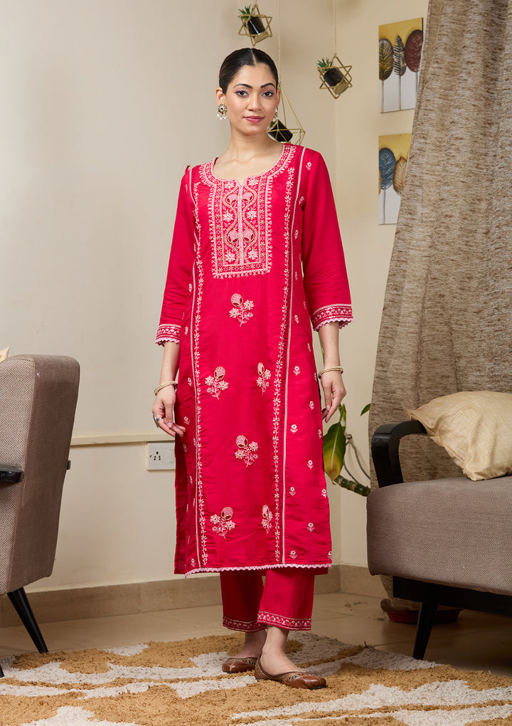 Rani Pink Chanderi Cutdana Straight Kurta With Regular Pant And Dupatta