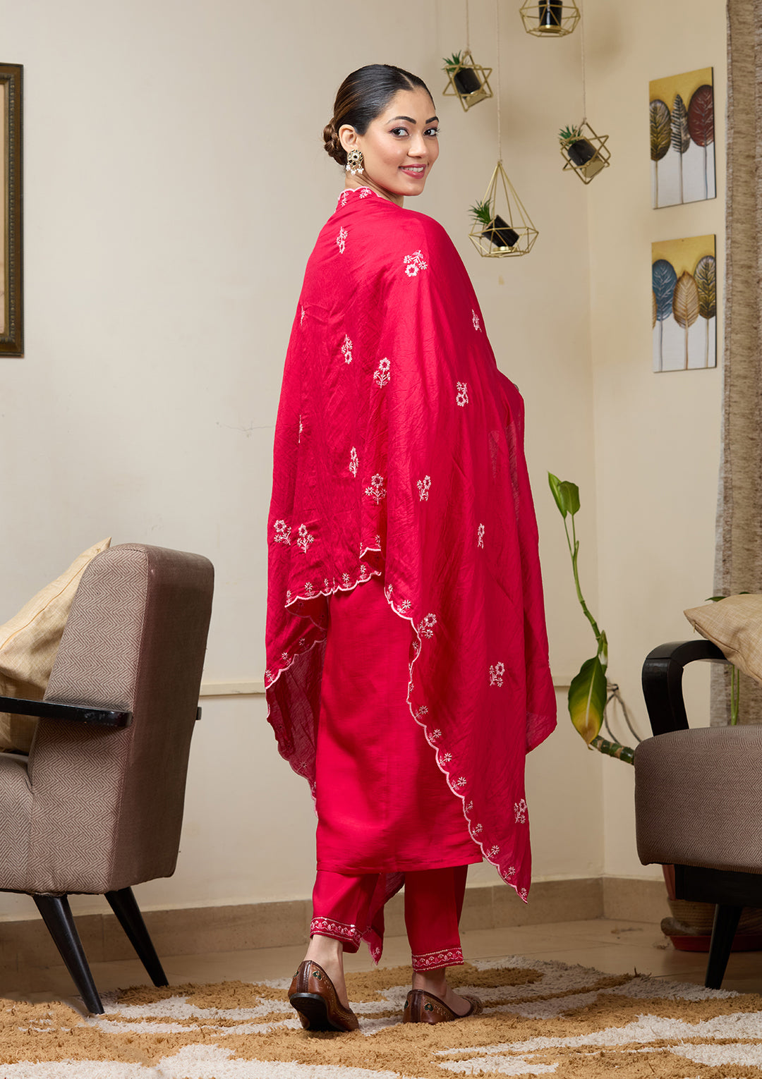 Rani Pink Chanderi Cutdana Straight Kurta With Regular Pant And Dupatta