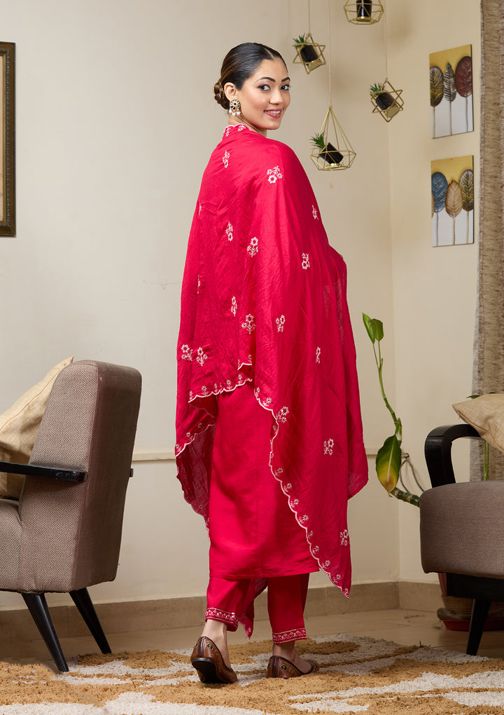 Rani Pink Chanderi Cutdana Straight Kurta With Regular Pant And Dupatta