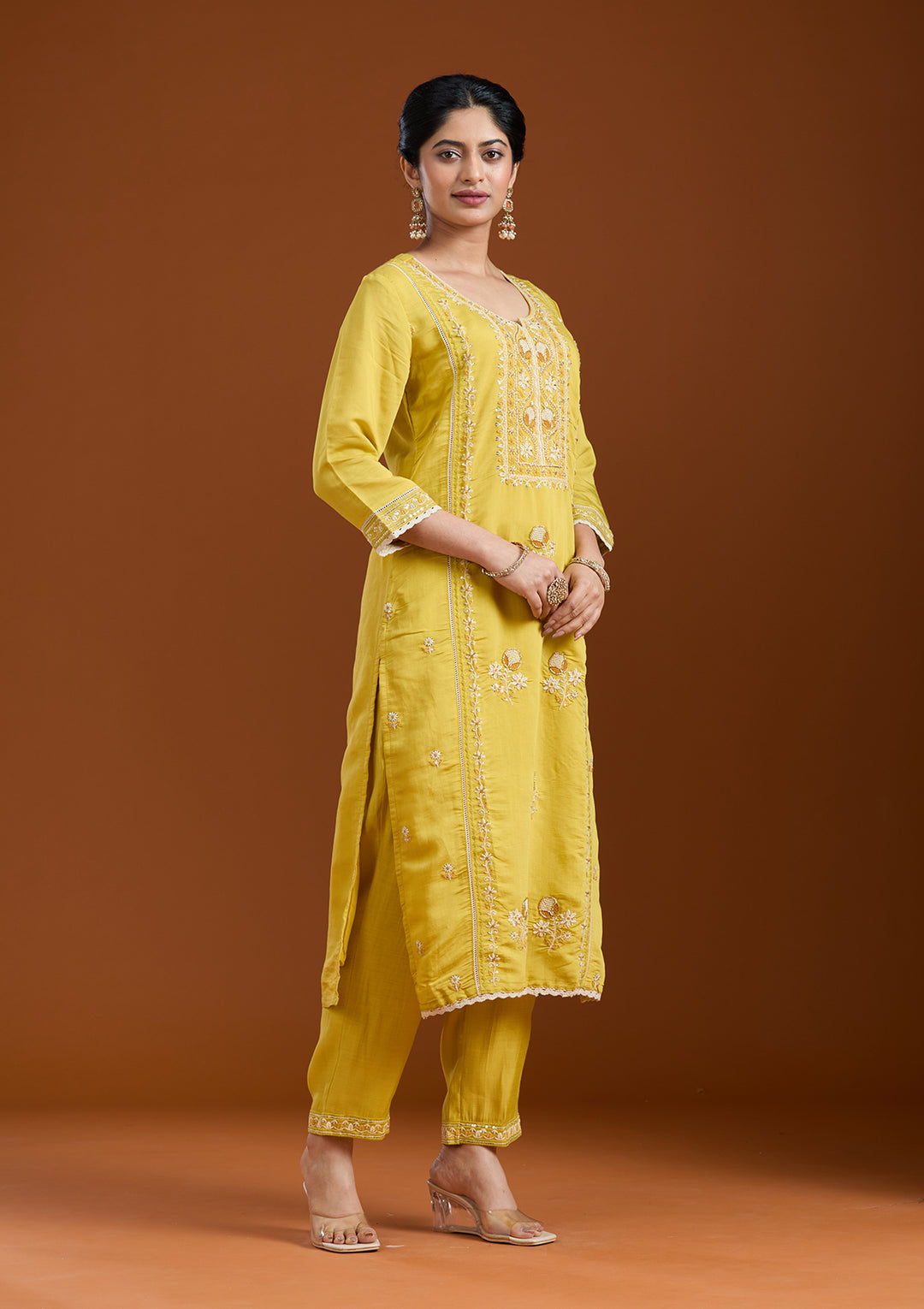 Yellow Cutdana Chanderi Readymade Salwar Suit