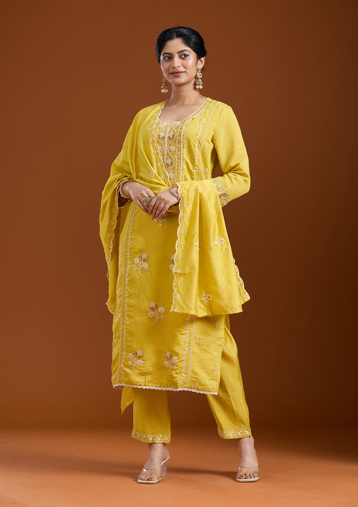 Yellow Cutdana Chanderi Readymade Salwar Suit