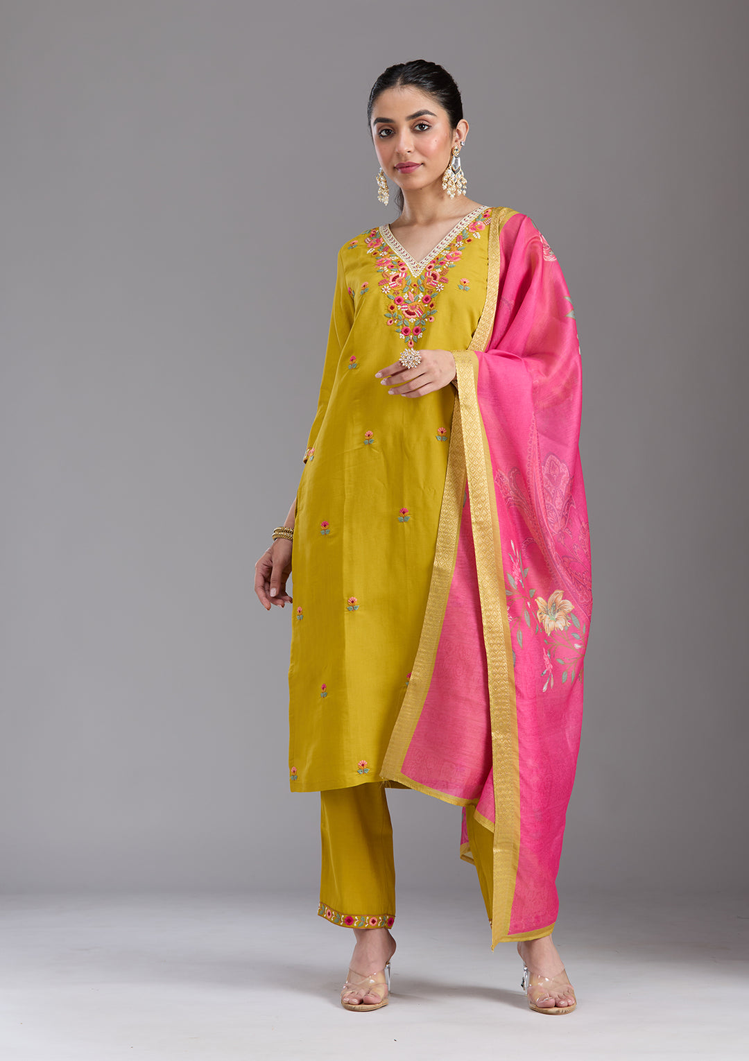 Mustard Yellow Threadwork Chanderi Readymade Salwar Suit