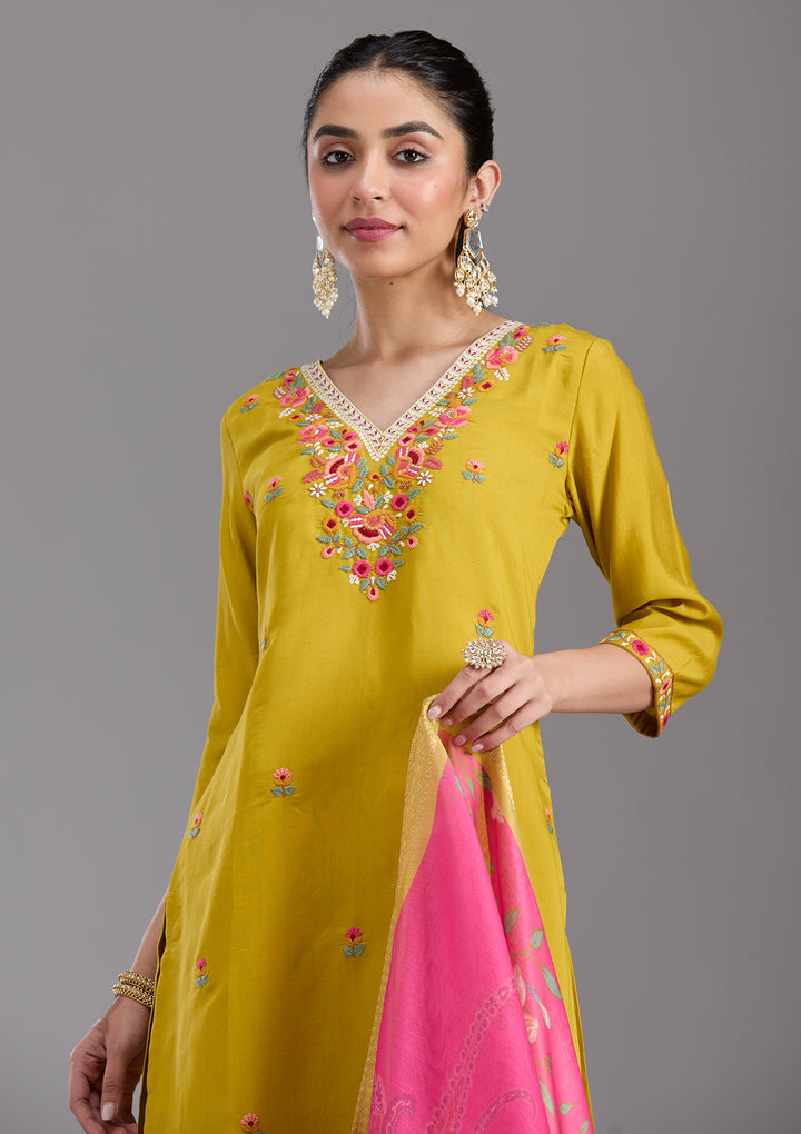Mustard Yellow Threadwork Chanderi Readymade Salwar Suit