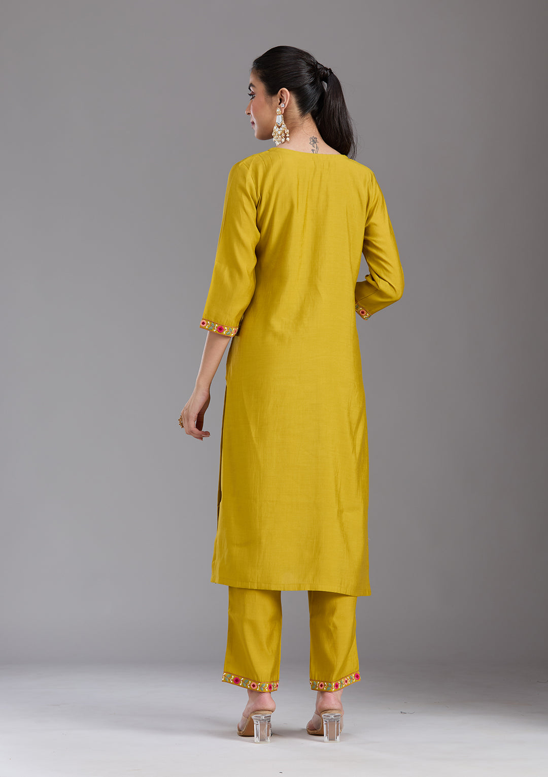 Mustard Yellow Threadwork Chanderi Readymade Salwar Suit