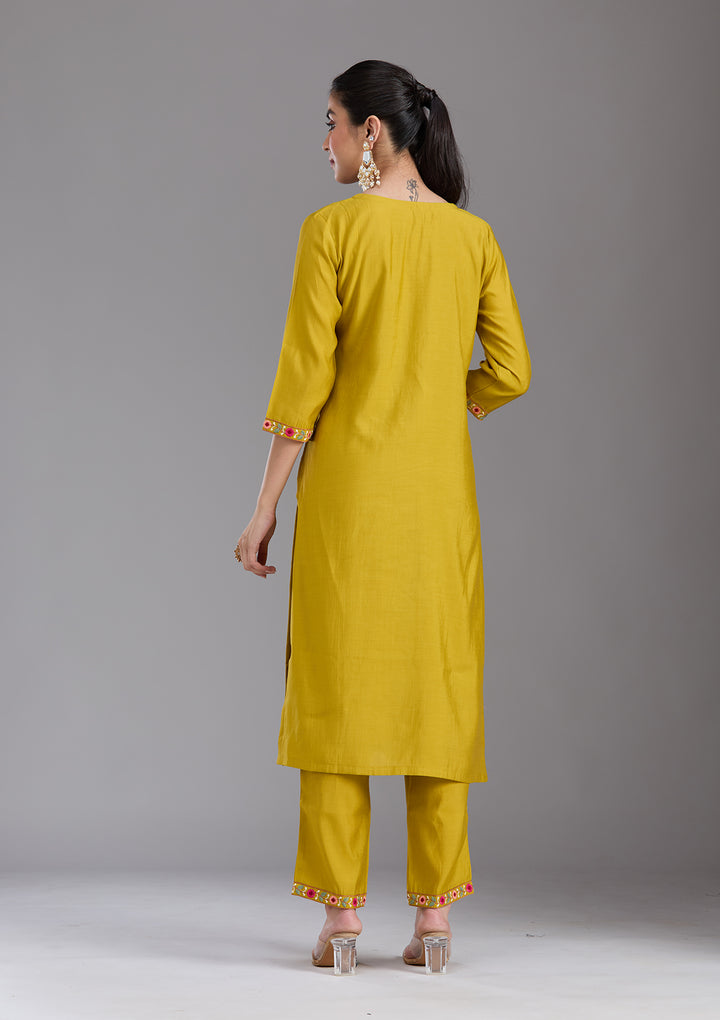 Mustard Yellow Threadwork Chanderi Readymade Salwar Suit