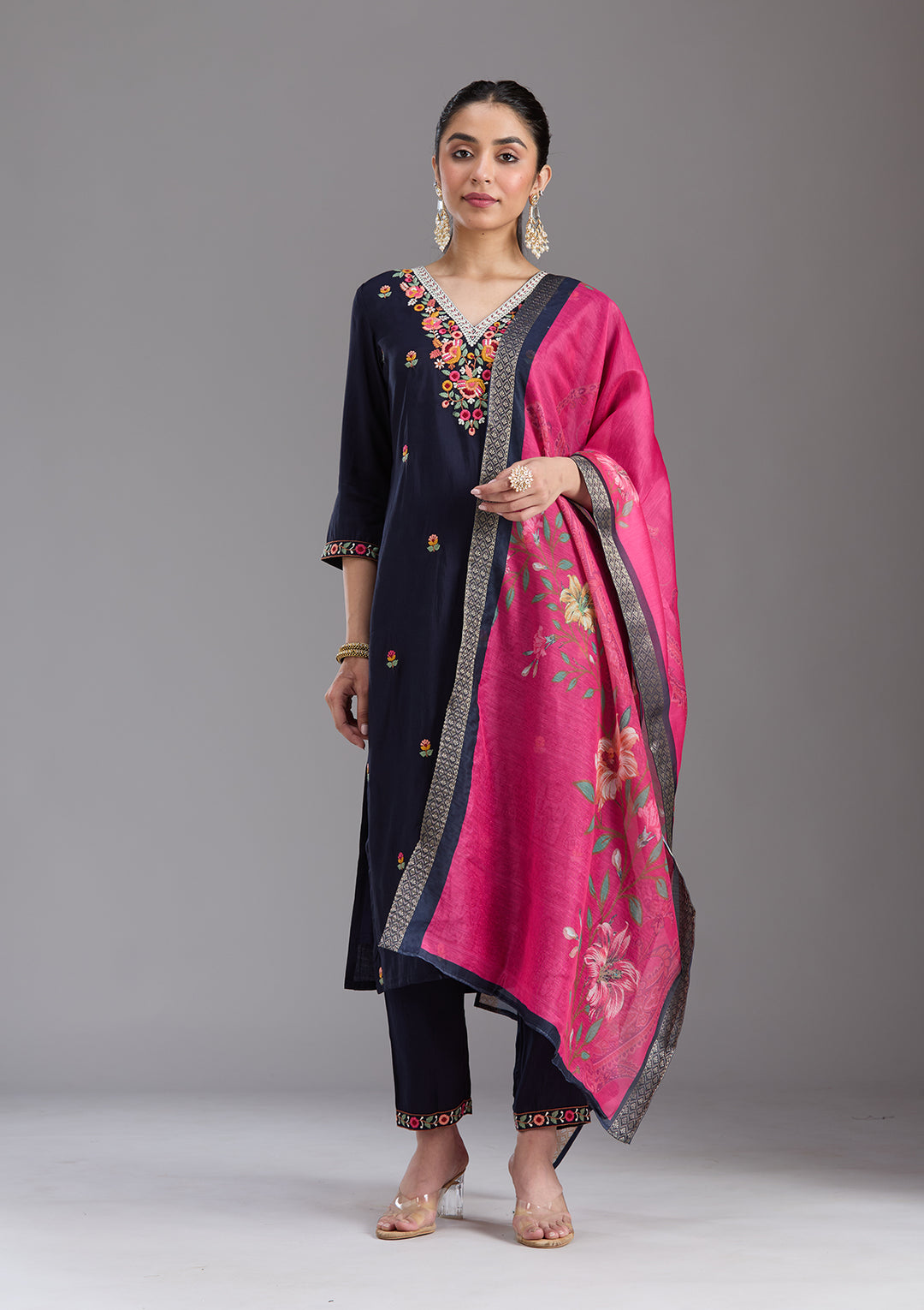 Navy Blue Threadwork Chanderi Readymade Salwar Suit