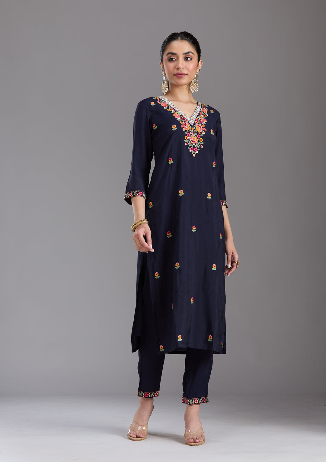 Navy Blue Threadwork Chanderi Readymade Salwar Suit