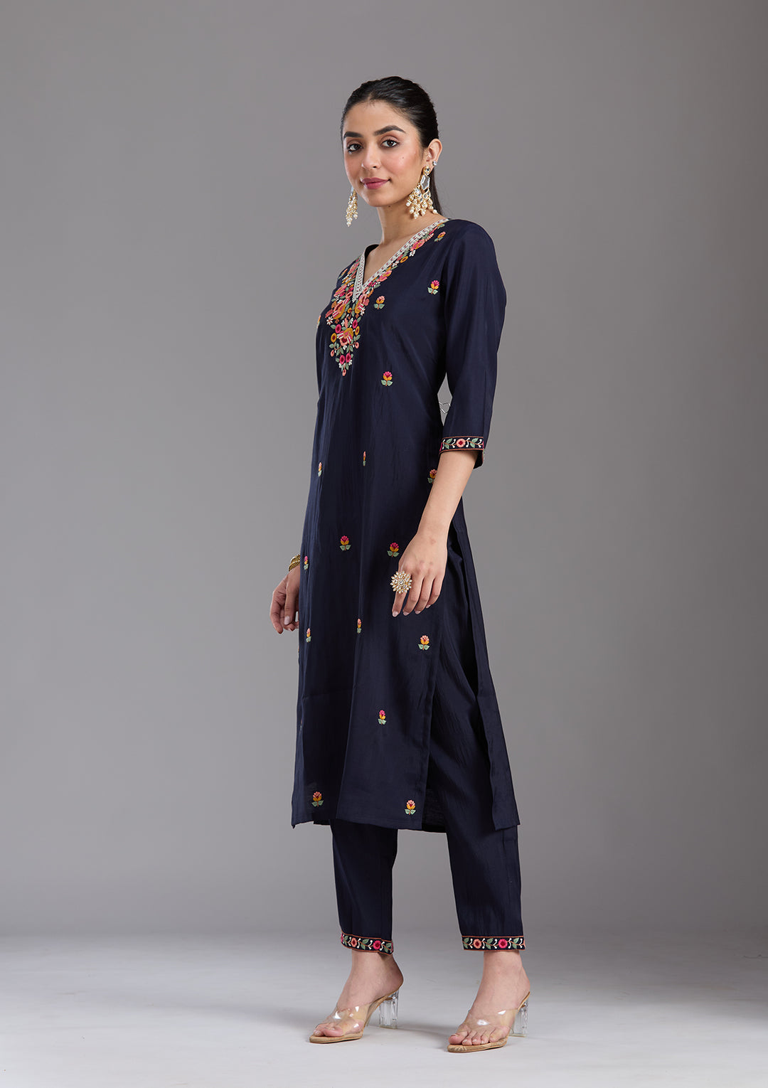 Navy Blue Threadwork Chanderi Readymade Salwar Suit