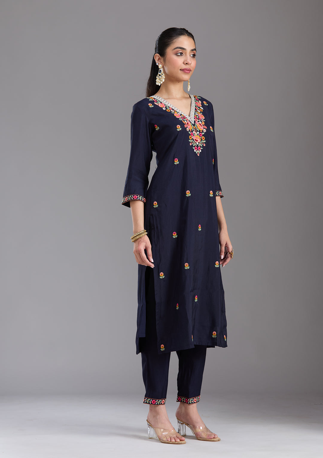 Navy Blue Threadwork Chanderi Readymade Salwar Suit