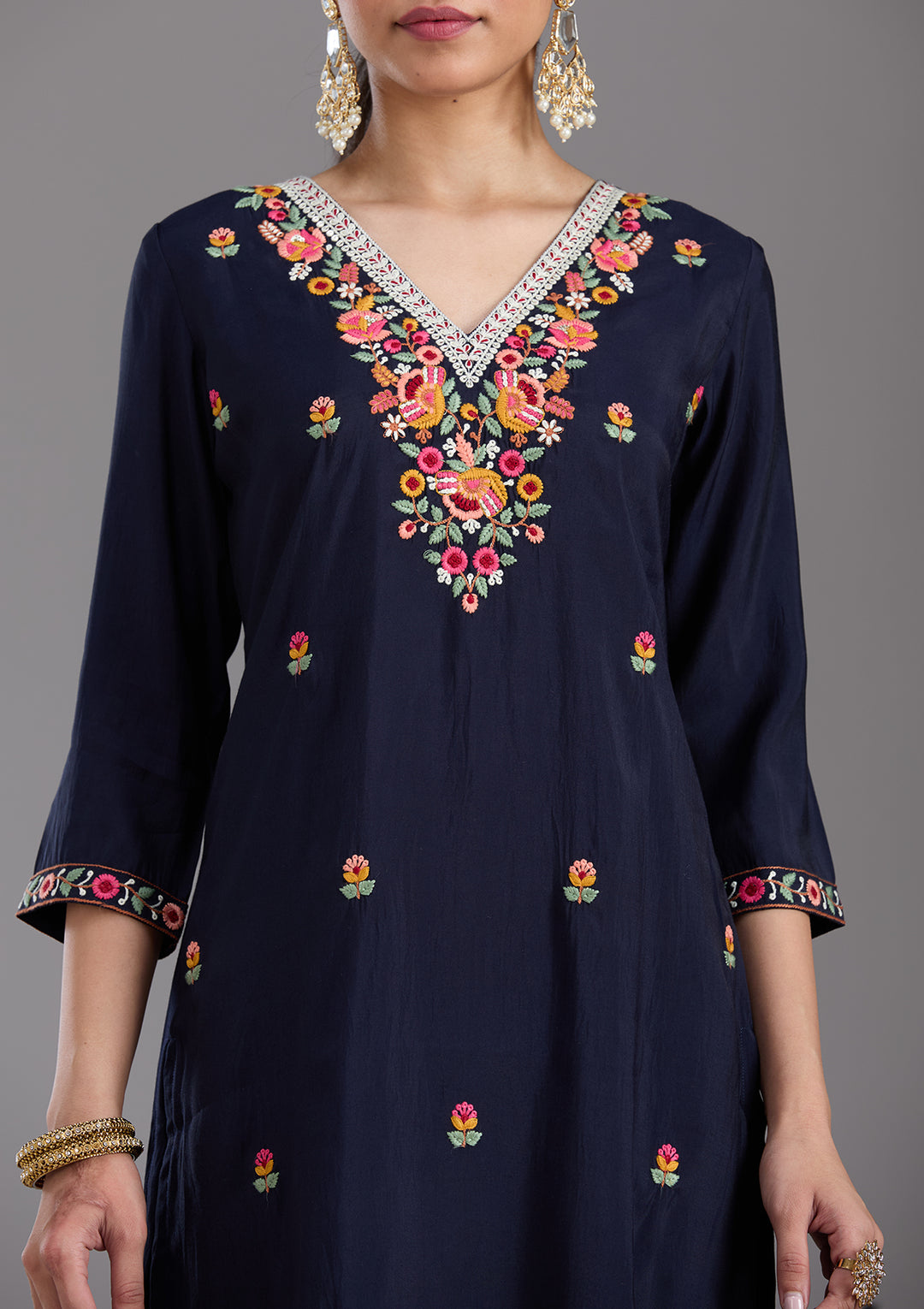 Navy Blue Threadwork Chanderi Readymade Salwar Suit