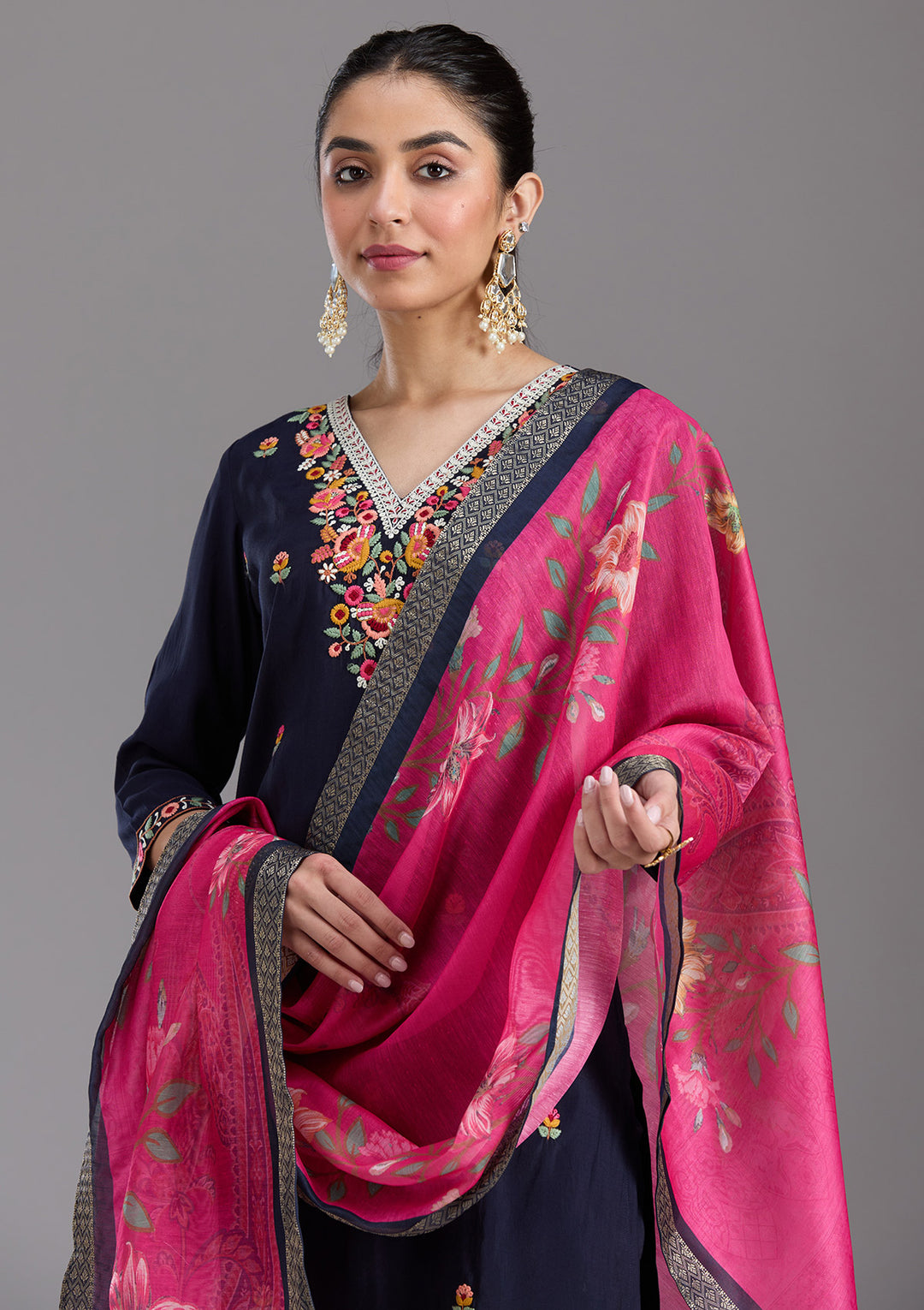 Navy Blue Threadwork Chanderi Readymade Salwar Suit