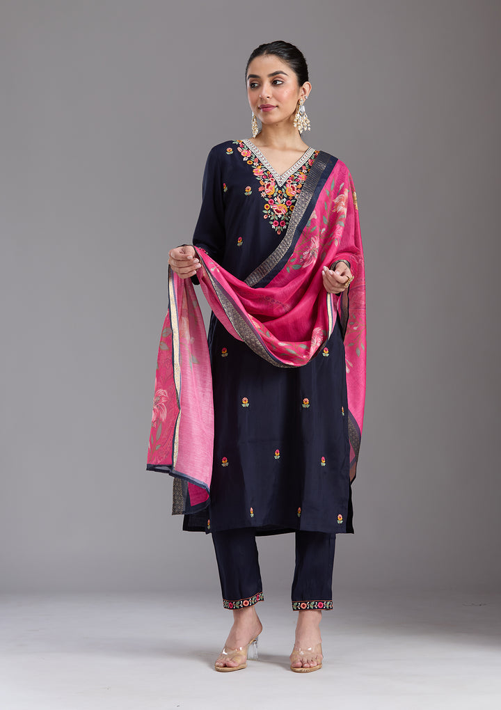 Navy Blue Threadwork Chanderi Readymade Salwar Suit