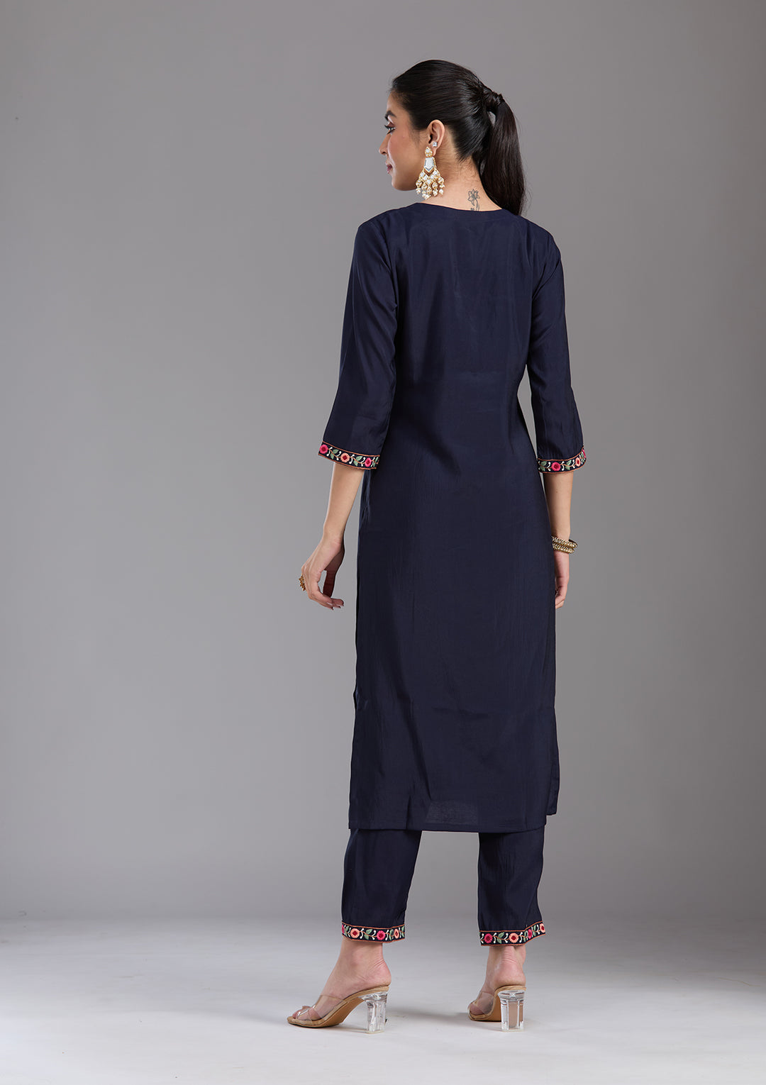 Navy Blue Threadwork Chanderi Readymade Salwar Suit