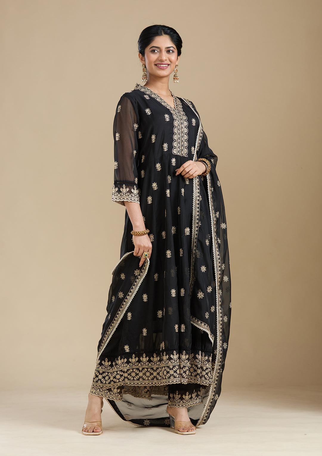 Black Zariwork (Gold) Organza Readymade Salwar Suit