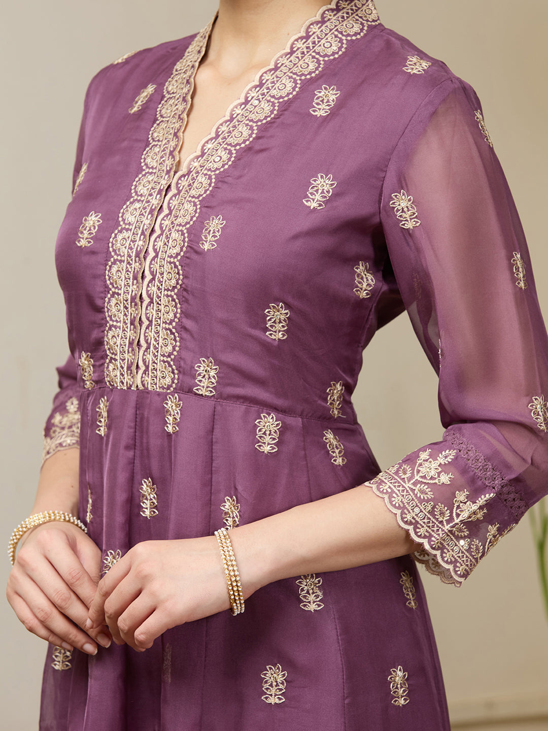 Mauve Zariwork (Gold) Organza Readymade Salwar Suit