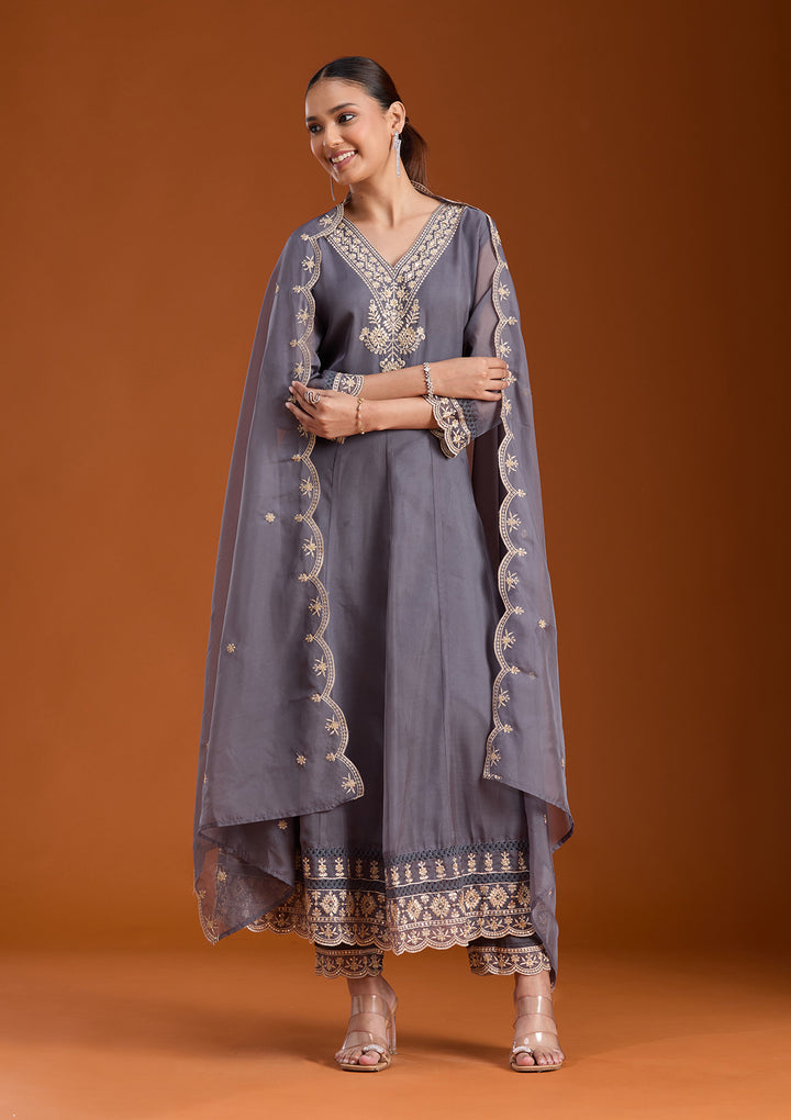 Grey Zariwork (Gold) Organza Readymade Salwar Suit