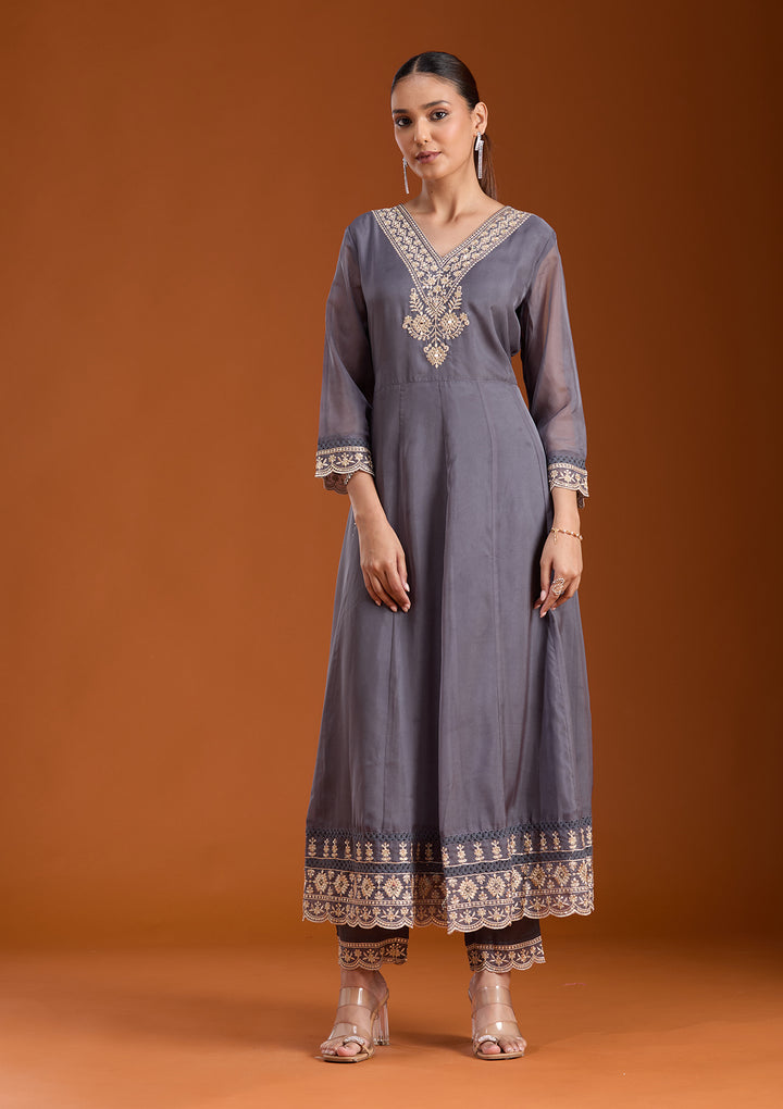 Grey Zariwork (Gold) Organza Readymade Salwar Suit