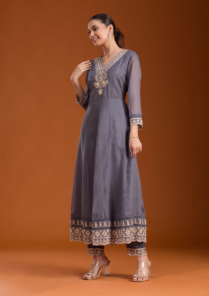 Grey Zariwork (Gold) Organza Readymade Salwar Suit