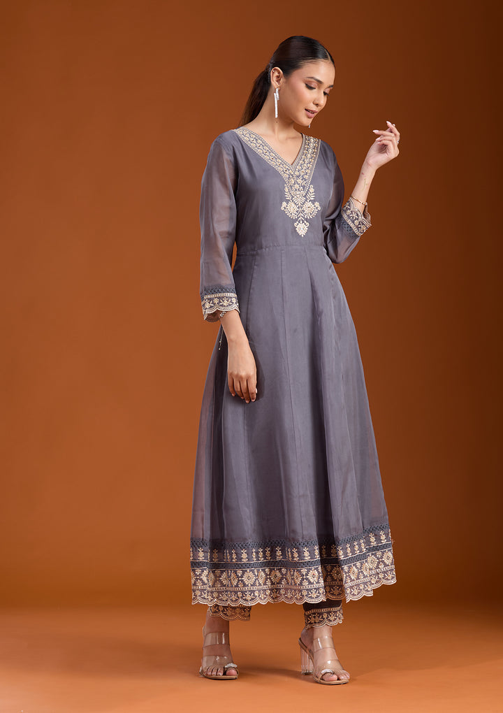 Grey Zariwork (Gold) Organza Readymade Salwar Suit