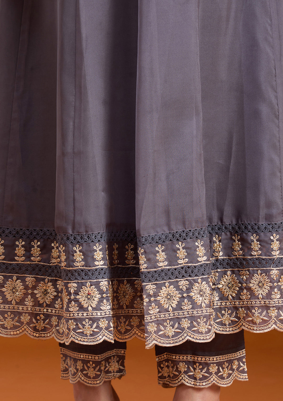 Grey Zariwork (Gold) Organza Readymade Salwar Suit