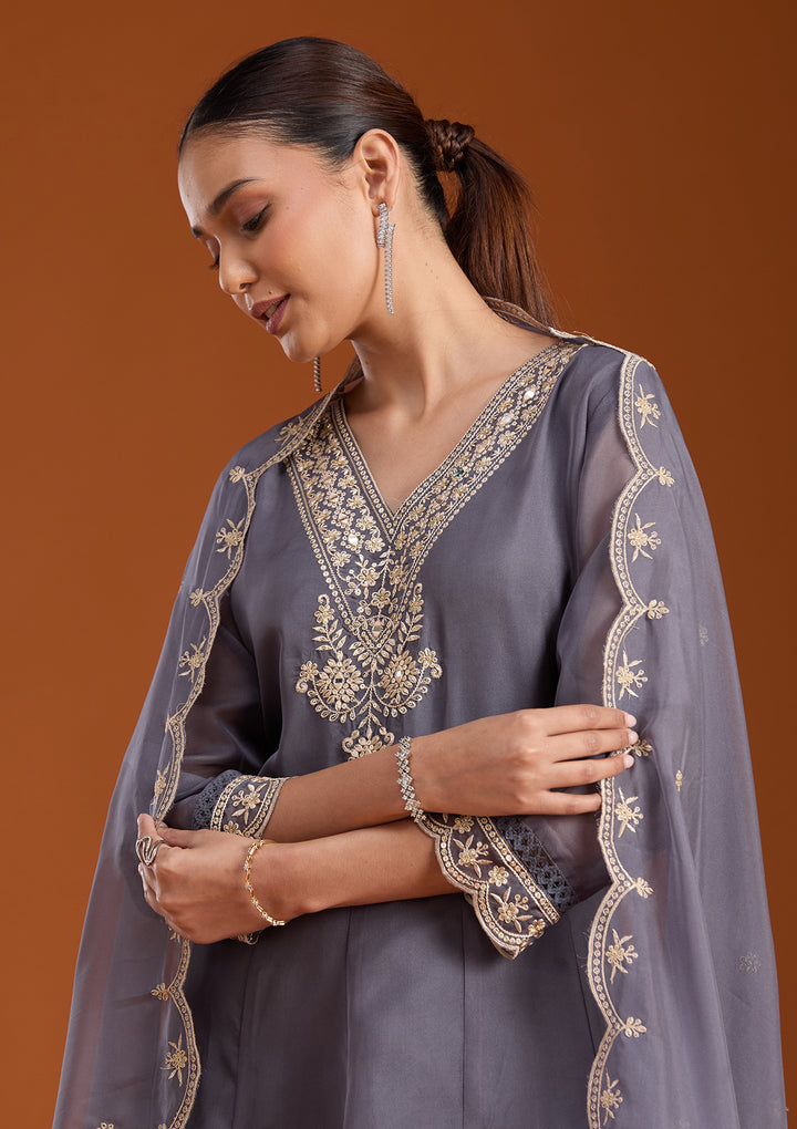 Grey Zariwork (Gold) Organza Readymade Salwar Suit