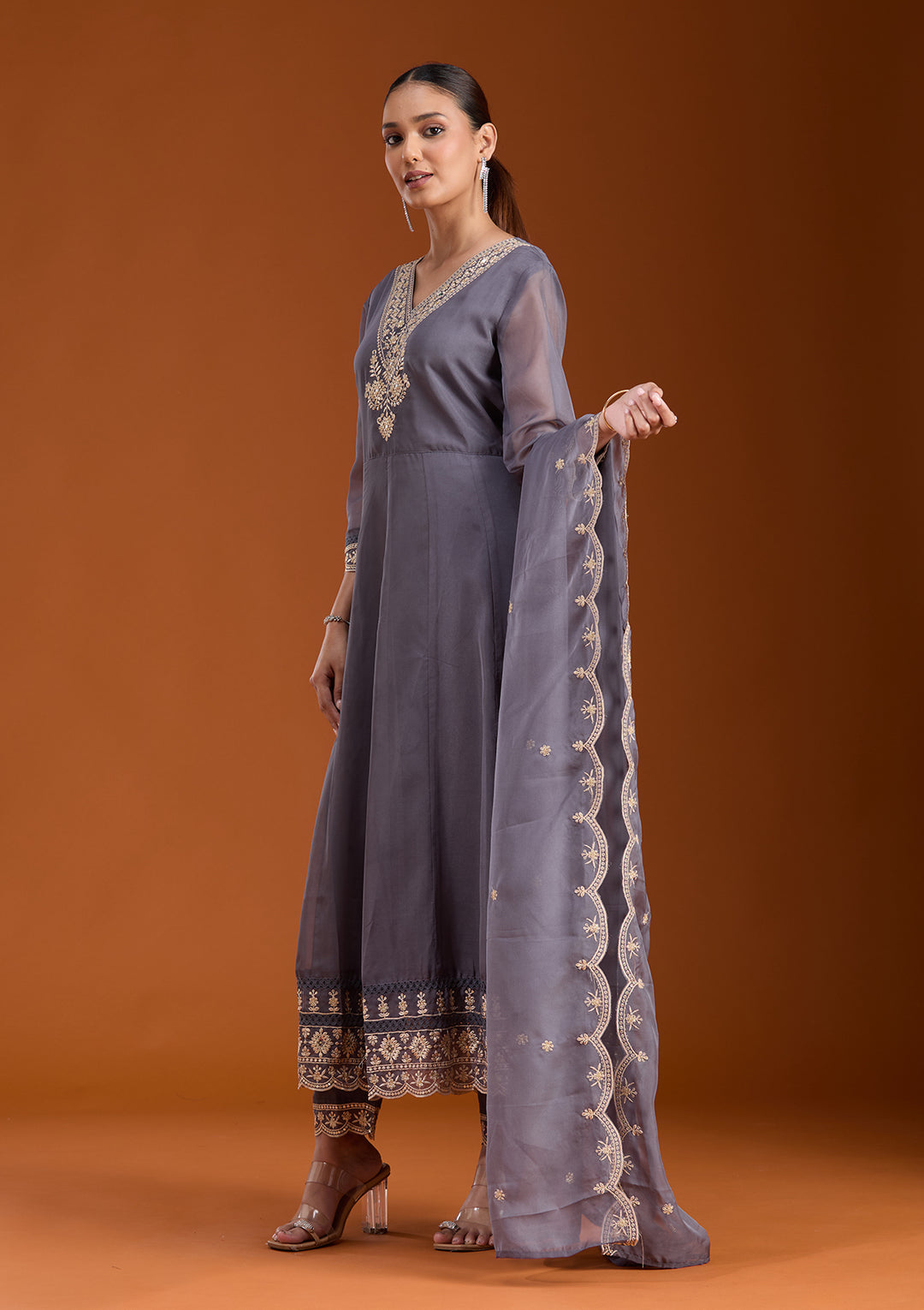 Grey Zariwork (Gold) Organza Readymade Salwar Suit