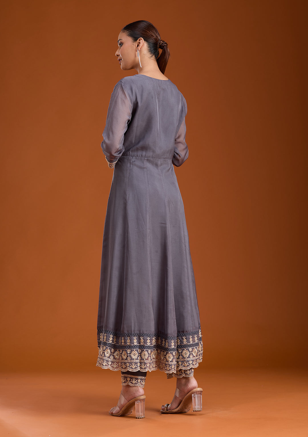 Grey Zariwork (Gold) Organza Readymade Salwar Suit