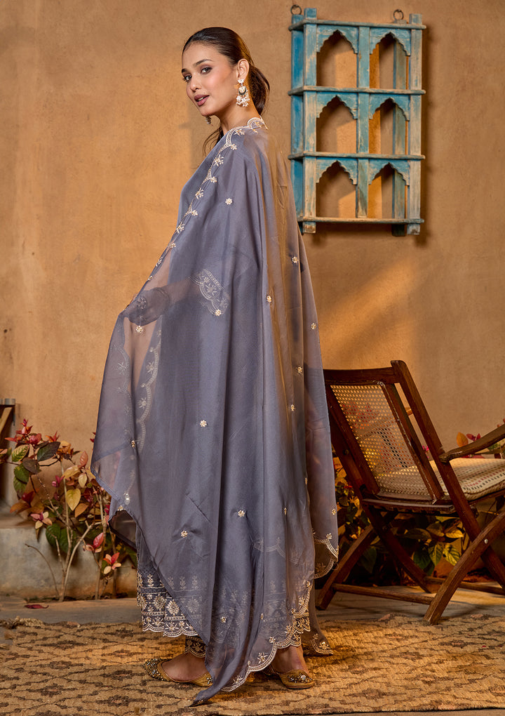 Grey Organza Threadwork Anarkali Kurta With Regular Pant And Dupatta