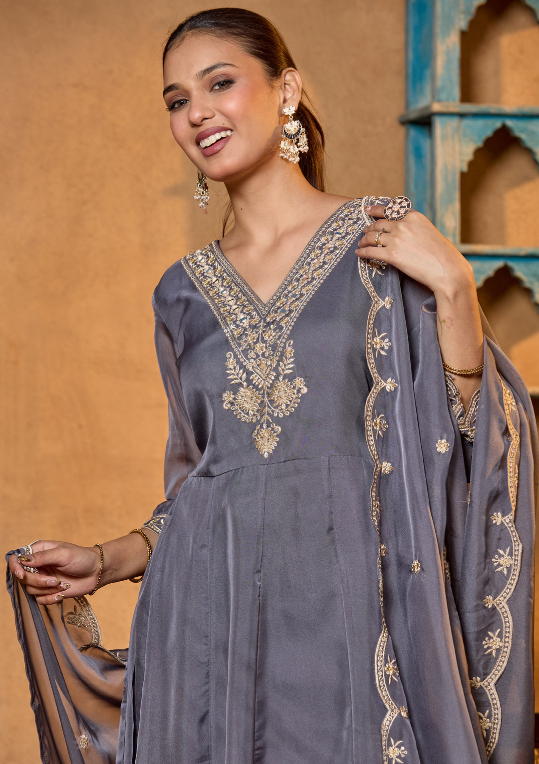 Grey Organza Threadwork Anarkali Kurta With Regular Pant And Dupatta