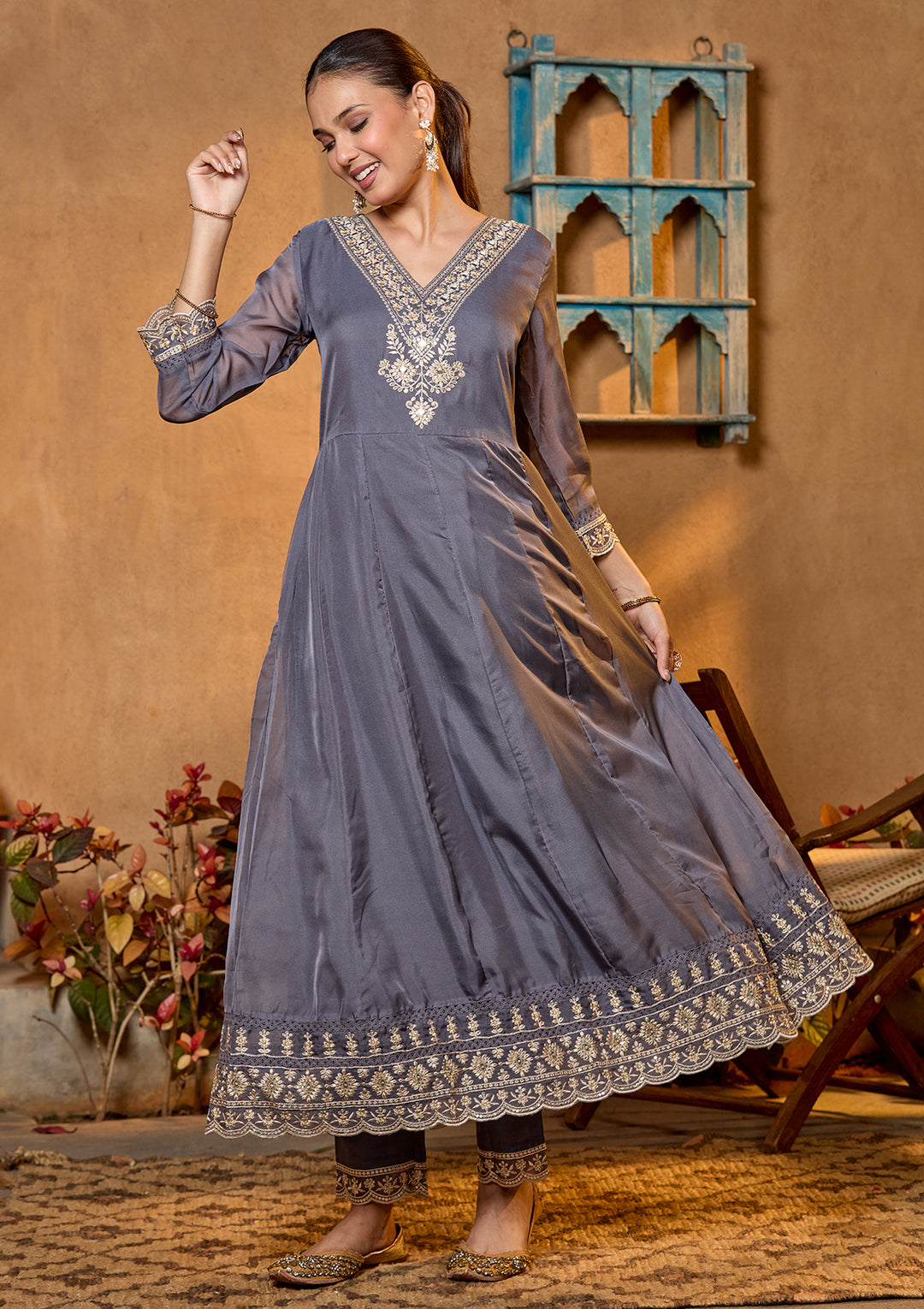 Grey Organza Threadwork Anarkali Kurta With Regular Pant And Dupatta