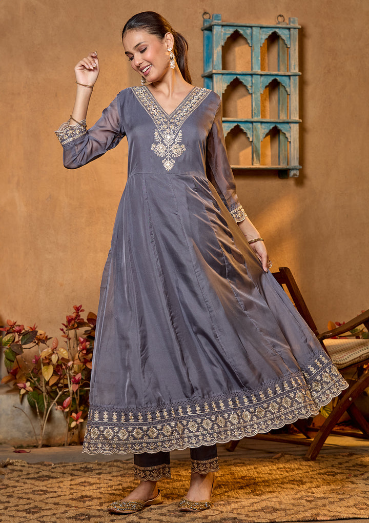 Grey Organza Threadwork Anarkali Kurta With Regular Pant And Dupatta