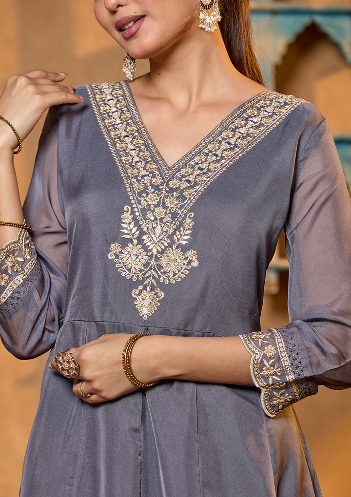 Grey Organza Threadwork Anarkali Kurta With Regular Pant And Dupatta