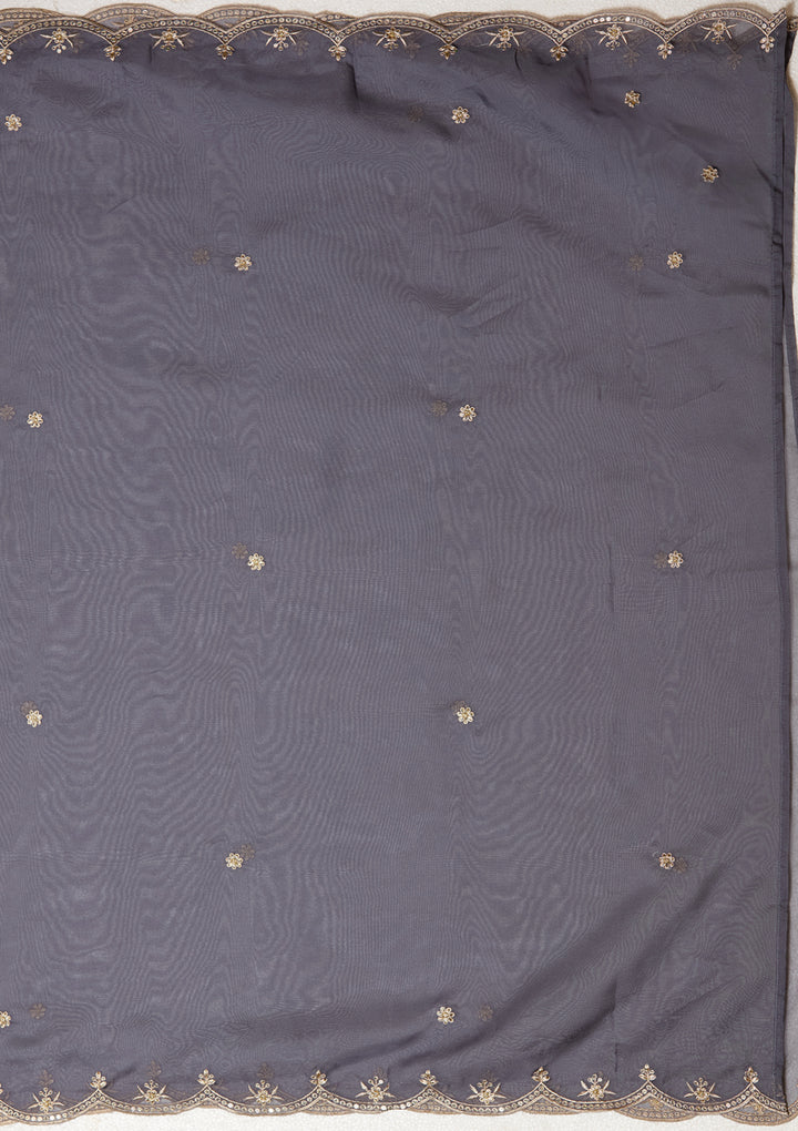 Grey Organza Threadwork Anarkali Kurta With Regular Pant And Dupatta