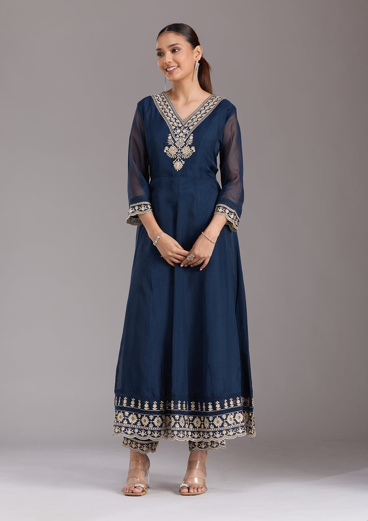 Navy Blue Zariwork (Gold) Organza Readymade Salwar Suit
