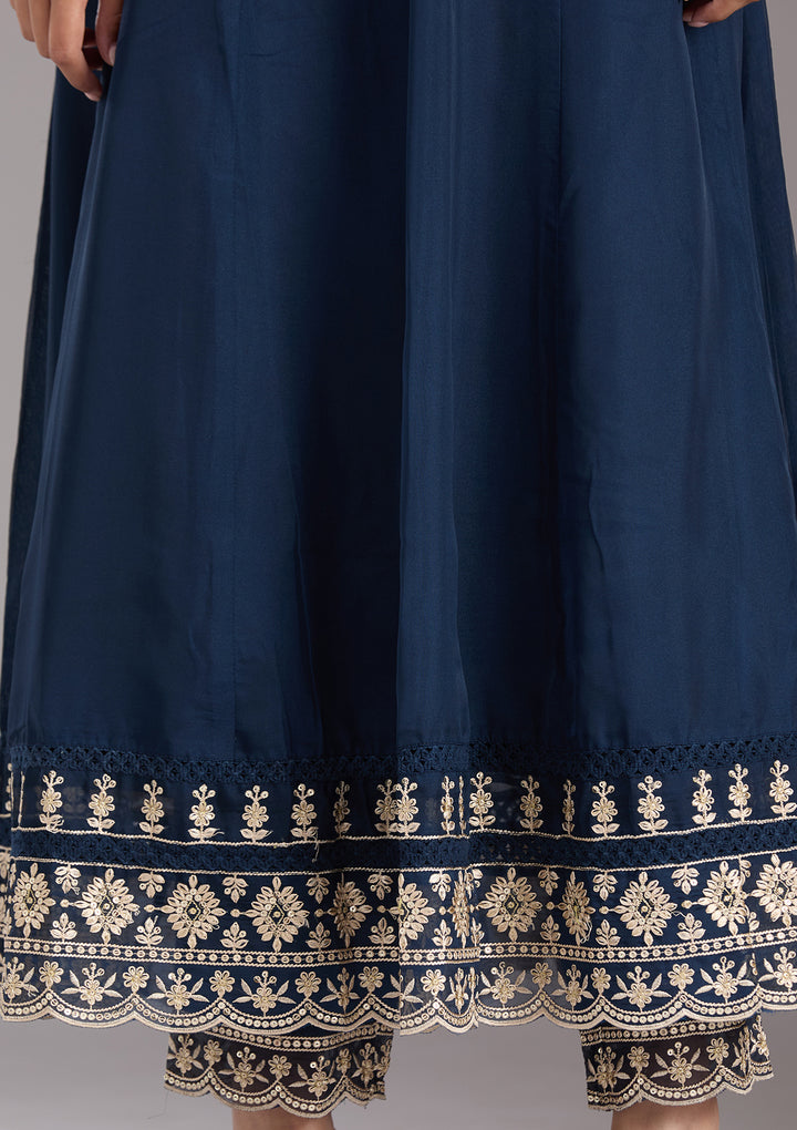 Navy Blue Zariwork (Gold) Organza Readymade Salwar Suit