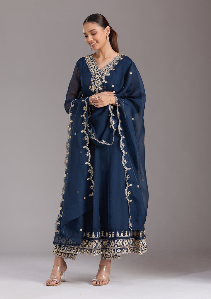Navy Blue Zariwork (Gold) Organza Readymade Salwar Suit