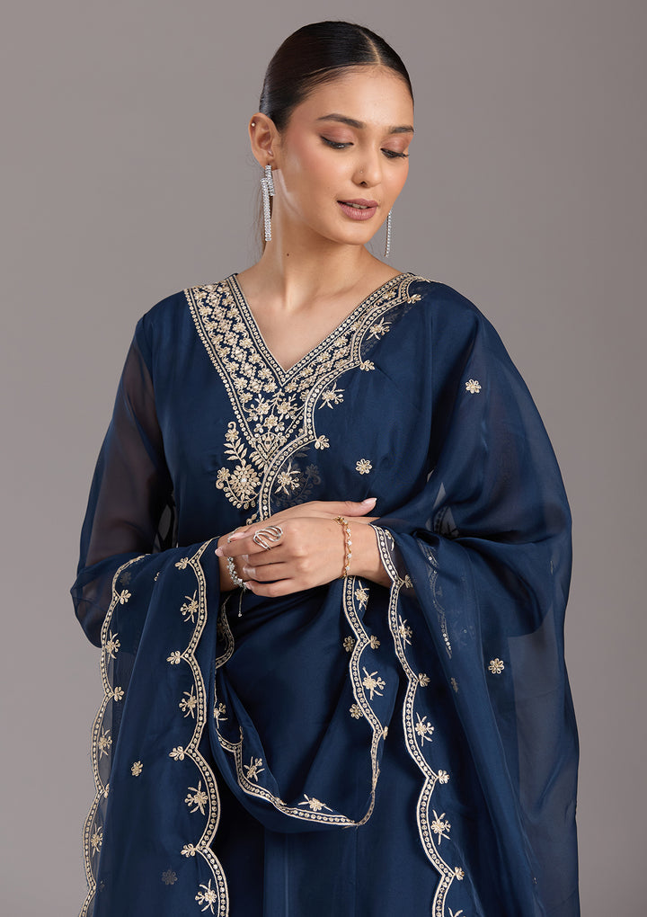 Navy Blue Zariwork (Gold) Organza Readymade Salwar Suit
