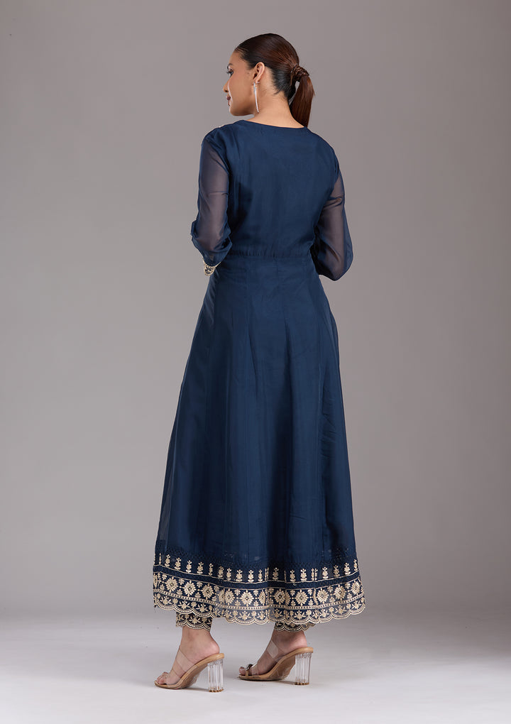 Navy Blue Zariwork (Gold) Organza Readymade Salwar Suit