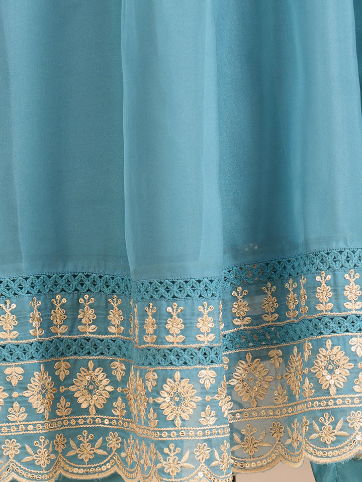 Sky Blue Threadwork Organza Readymade Salwar Suit