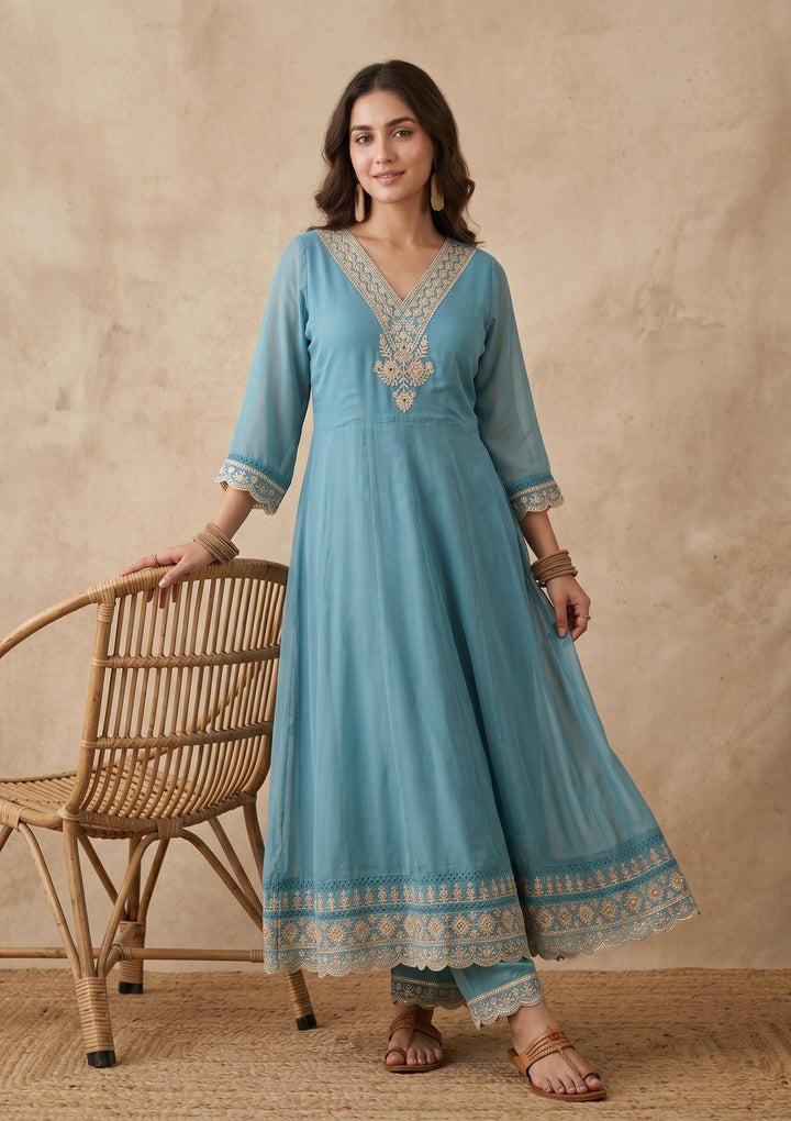 Sky Blue Threadwork Organza Readymade Salwar Suit
