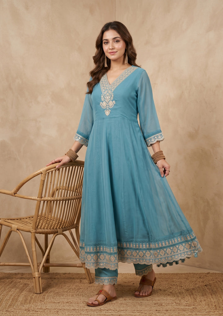 Sky Blue Threadwork Organza Readymade Salwar Suit